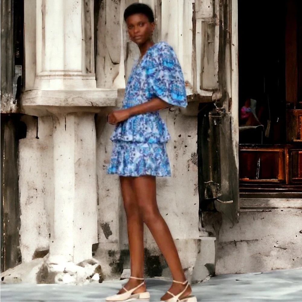 Sandro Eyana Yana Blue Short Dress Floral Spring Ruffle Medium